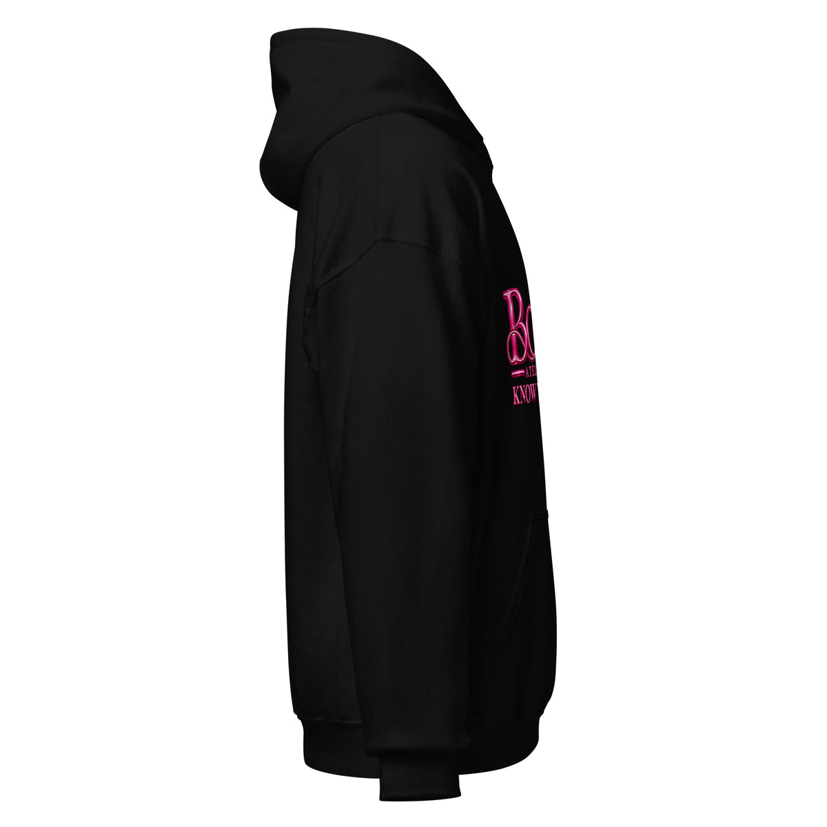 Right-side view of the black BOOSHII Know Your Worth hoodie
